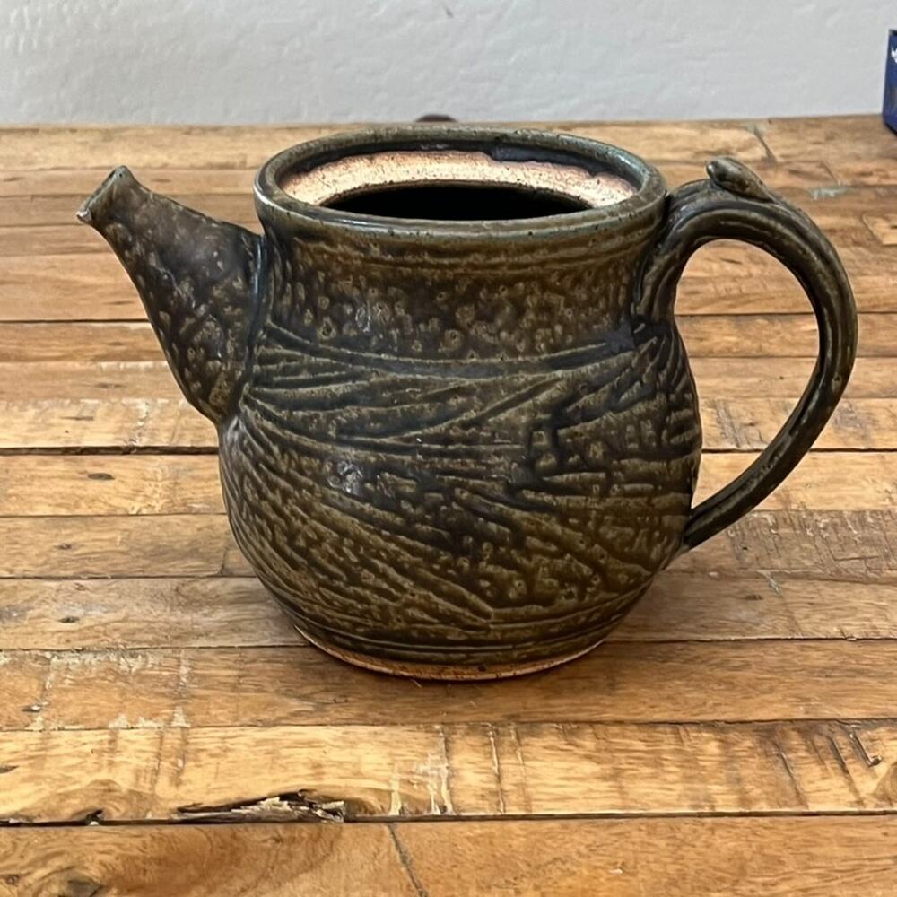 Handmade Stoneware Pottery Teapot Dark Green Textured Finish Artist Signed